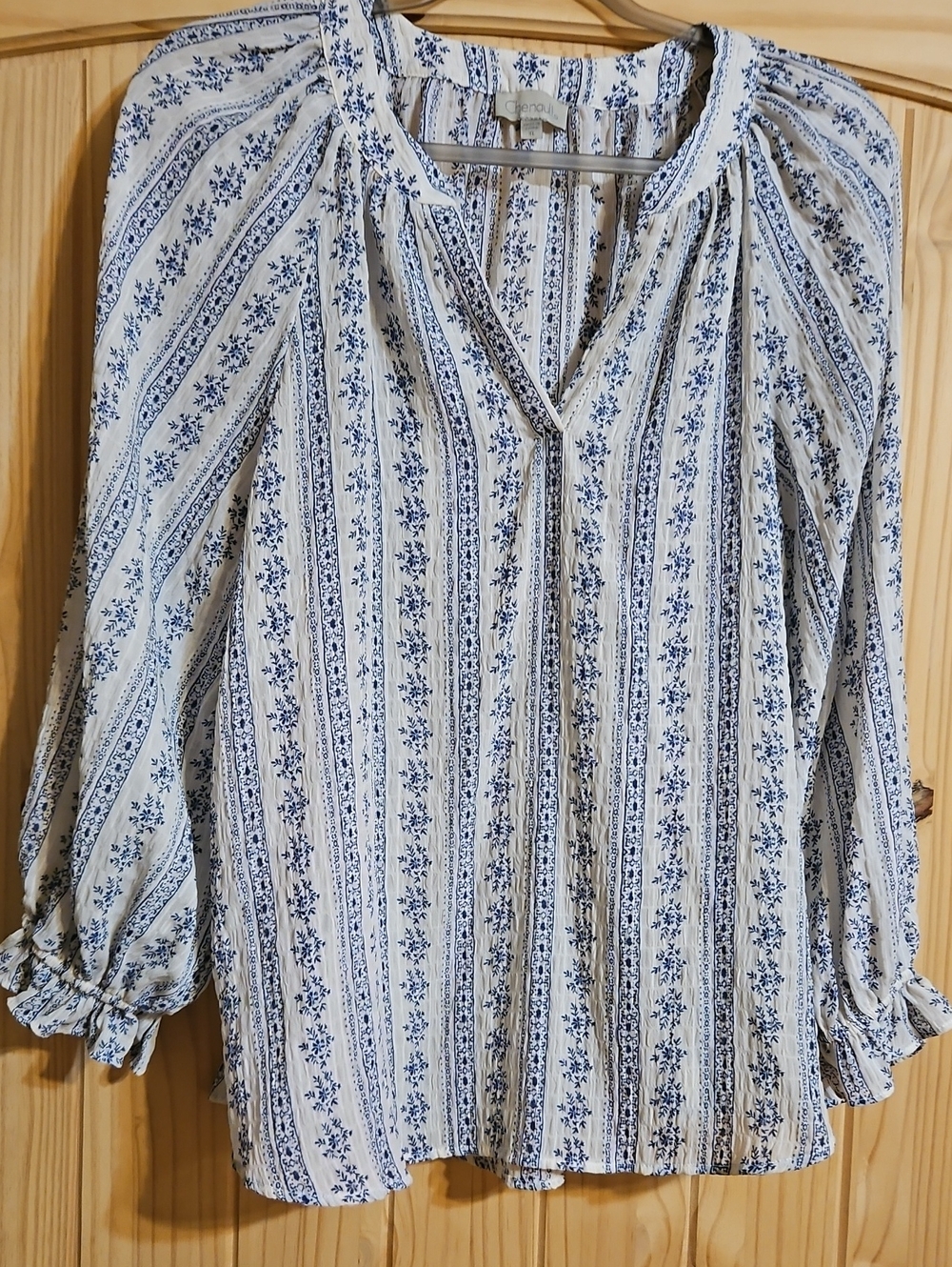 Chenault Blue and White Striped Floral Peasant Tunic